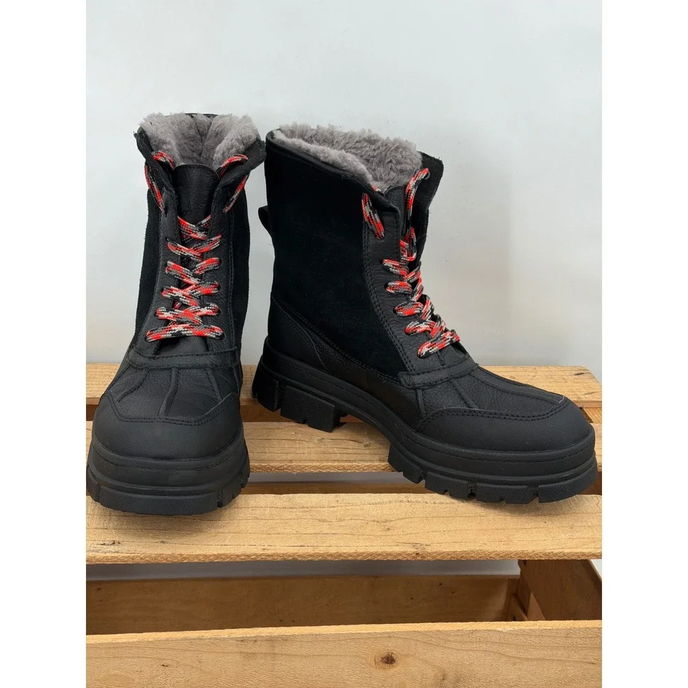 UGG Ashton Lace Heritage Black Leather Suede Winter Boots 1130524‎ Womens 10